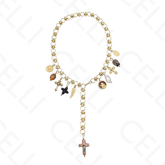 Colar de aço - formato Y, pendente cruz esmaltado