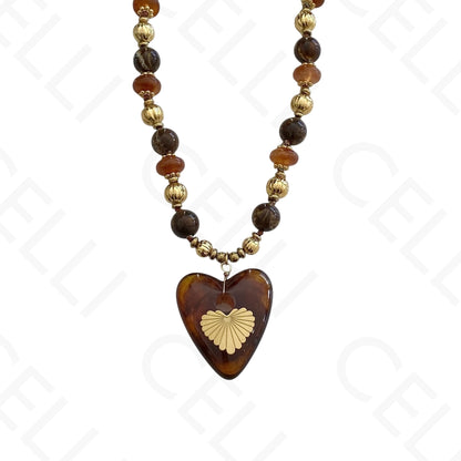 Steel Necklace - Resin Beads and Large Resin Heart