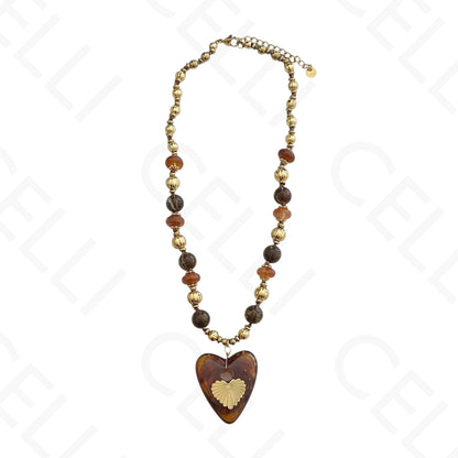 Steel Necklace - Resin Beads and Large Resin Heart