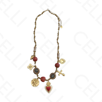 Colar de aço - contas de cerâmica, multi pendentes, sagrado coração