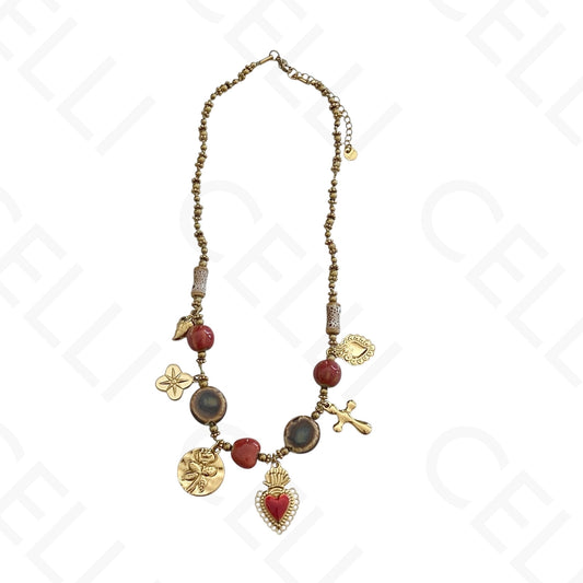 Collar de acero - cuentas de cerámica, múltiples colgantes, sagrado corazón