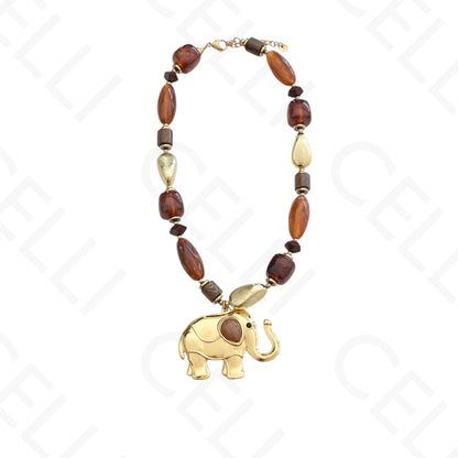 Collar de acero - cuentas de resina, colgante elefante