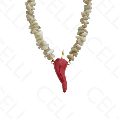 Steel Necklace - Gravel-shaped Resin, Red Enamel Pepper