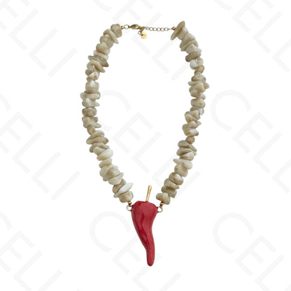 Steel Necklace - Gravel-shaped Resin, Red Enamel Pepper