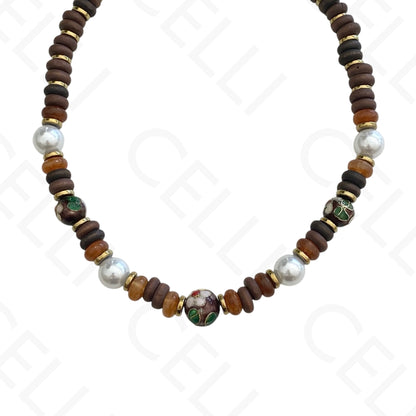 Colar de aço - discos de madeira, bola esmaltada