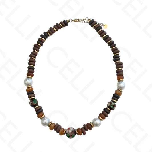 Collar de acero - discos de madera, bola esmaltada