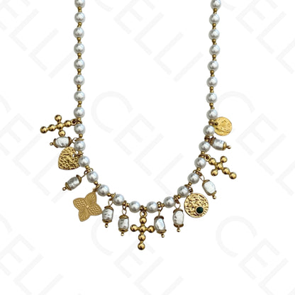 Collar de acero - perlas, múltiples colgantes cruces