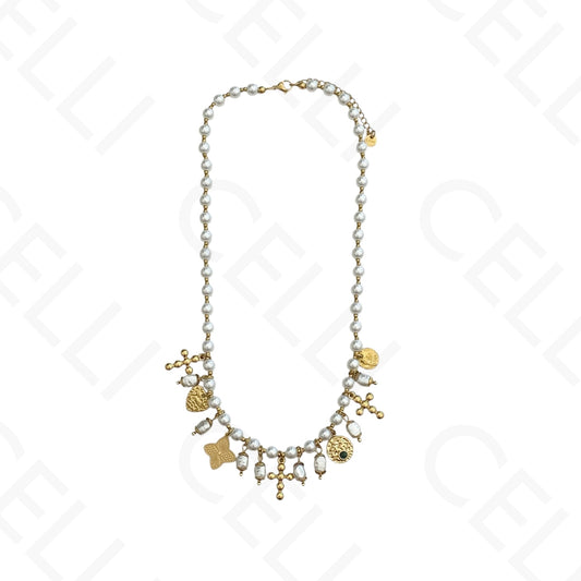 Collar de acero - perlas, múltiples colgantes cruces