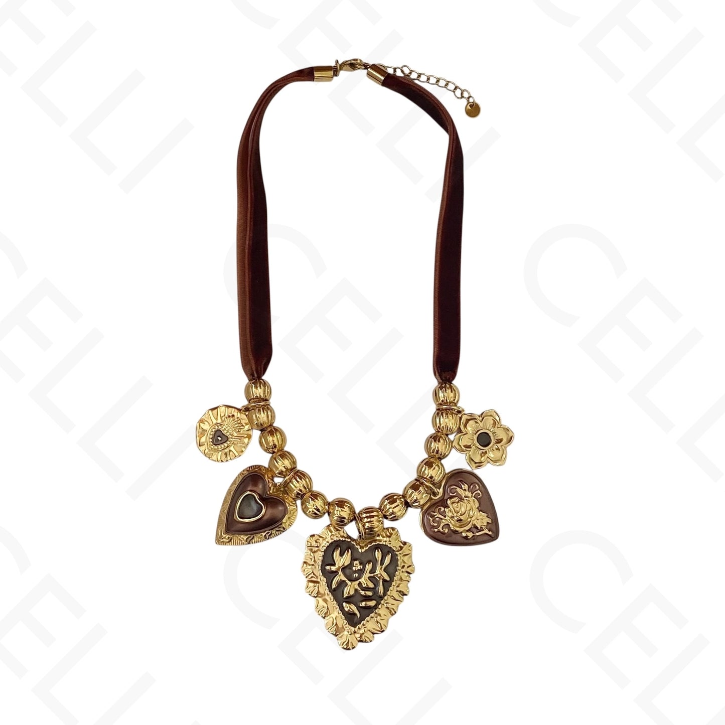Collar de acero - hilo de terciopelo, múltiples colgantes corazones