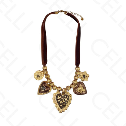 Collar de acero - hilo de terciopelo, múltiples colgantes corazones