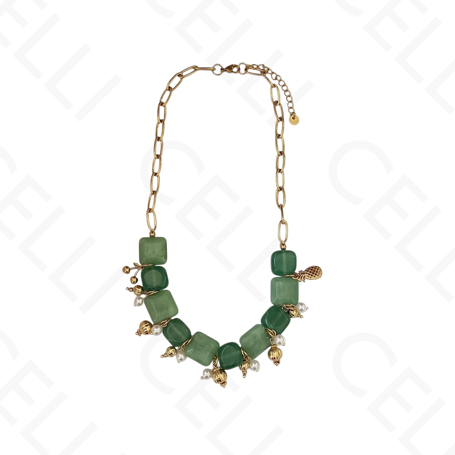 Collar de acero - piedras naturales verdes con colgantes