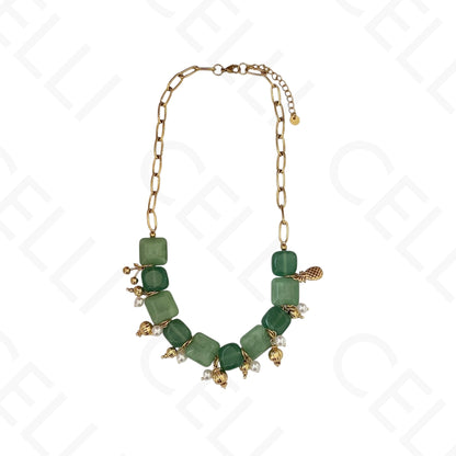Collar de acero - piedras naturales verdes con colgantes