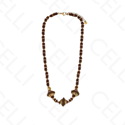 Colar de aço - contas de madeira discos