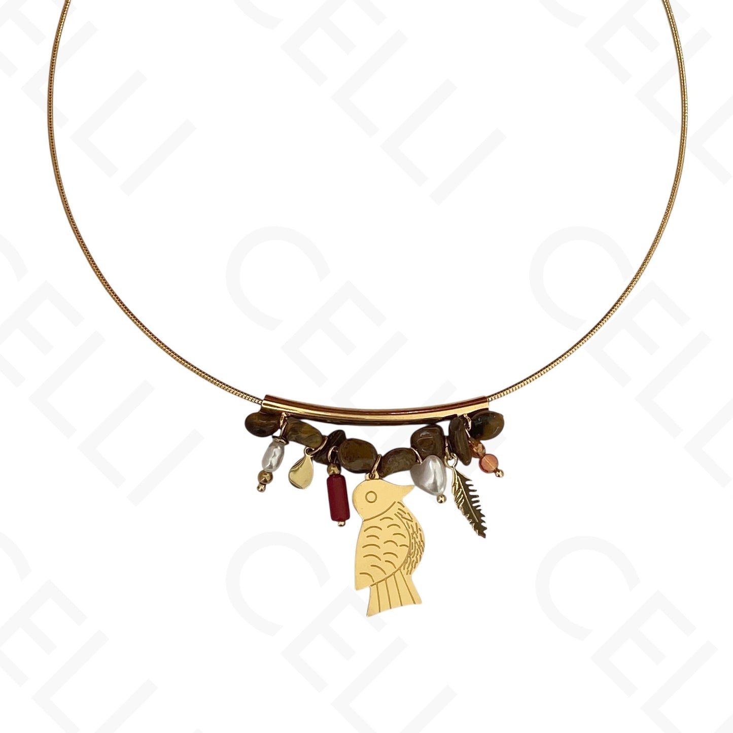 Colar de aço - chocker, pedra naturais e pássaro