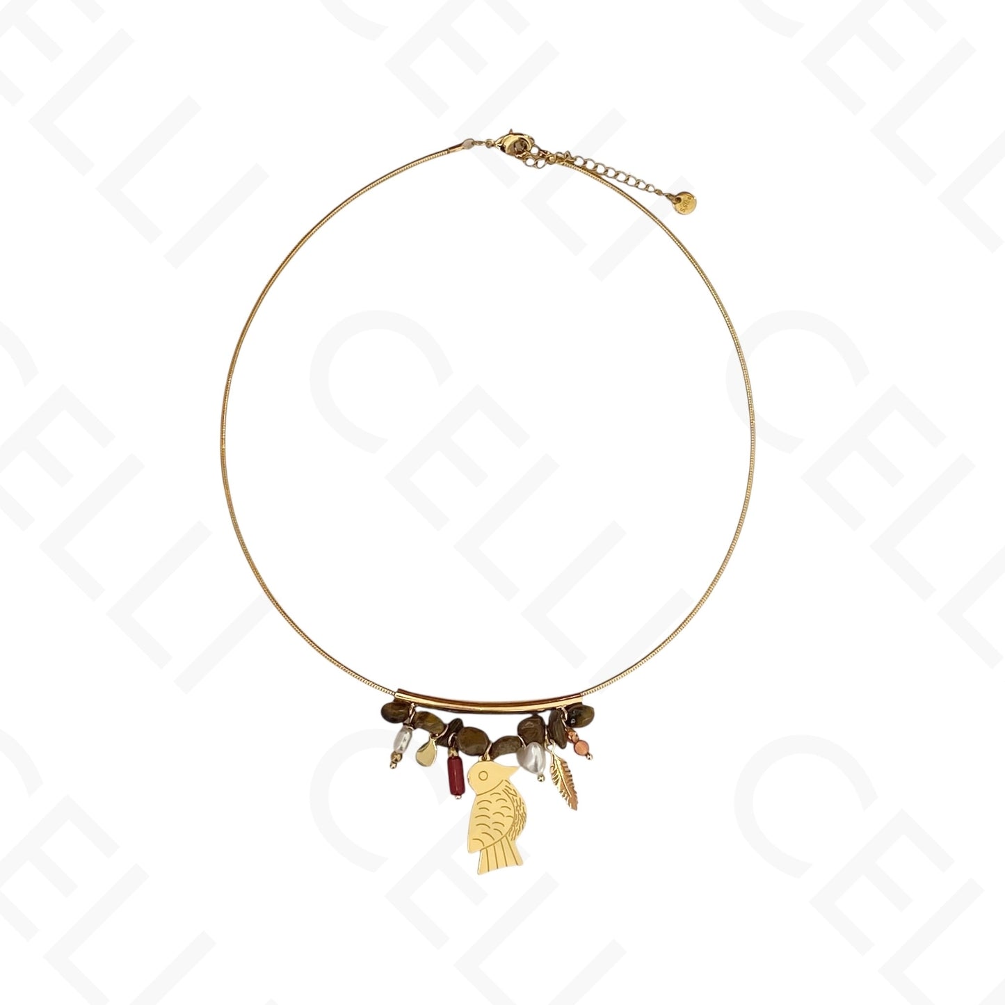 Colar de aço - chocker, pedra naturais e pássaro