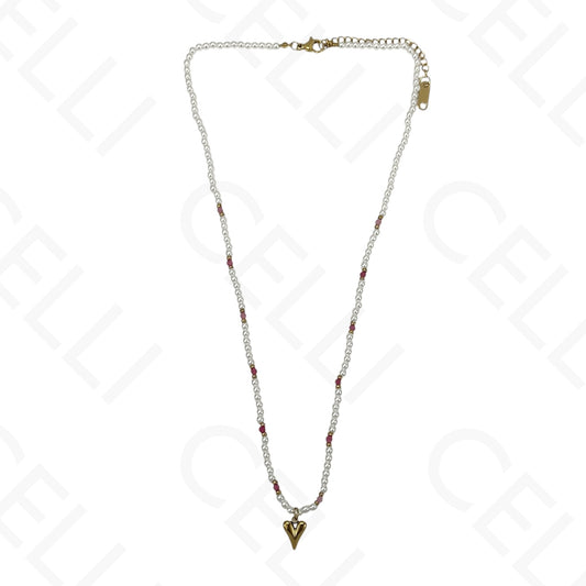 Steel necklace - pearls and natural stones with heart pendant