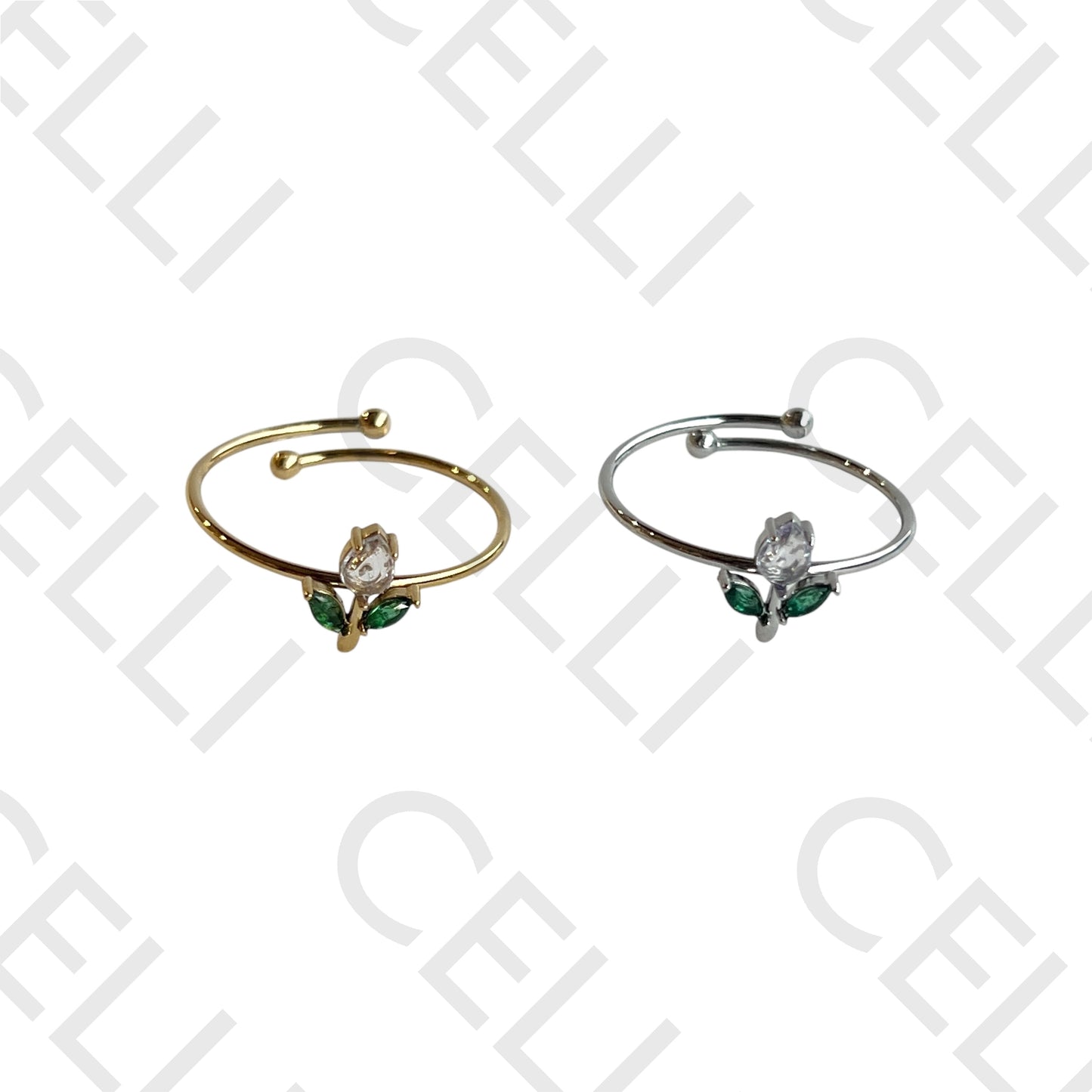 钢制戒指 - 带闪亮宝石的花朵