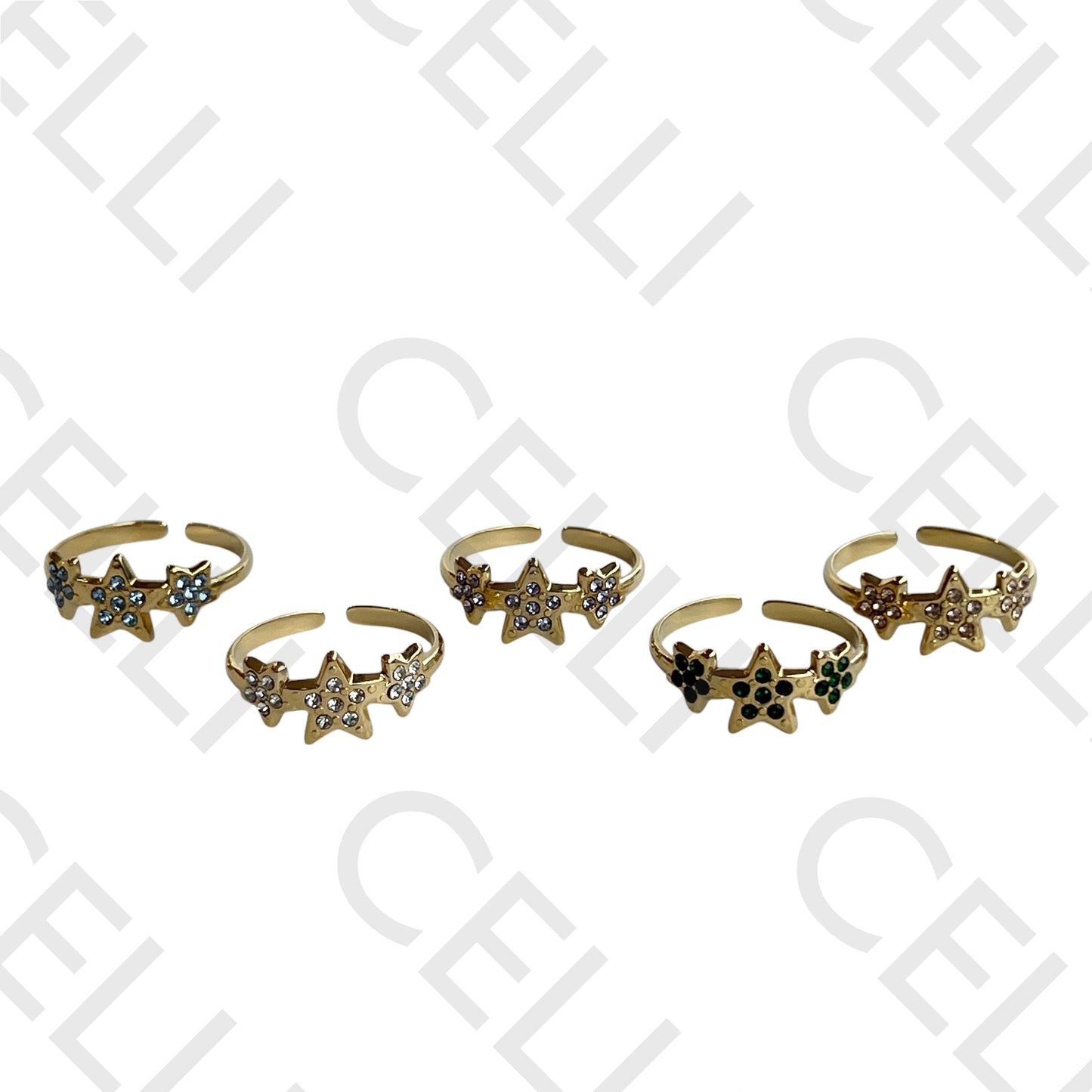 Steel Ring - stars with diamonds