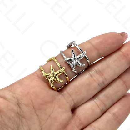 Anel de Aço Ajustável - estrela do mar, peixe e concha