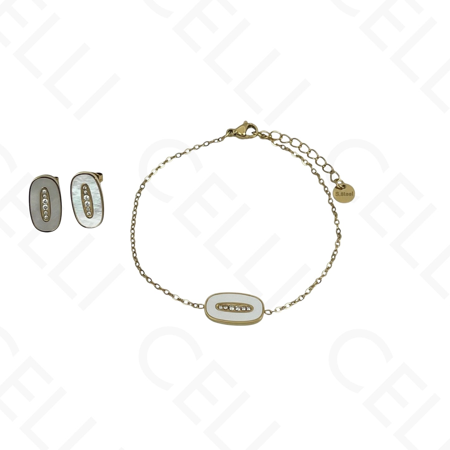 Steel Necklace/Earring/Bracelet - oval with mother-of-pearl