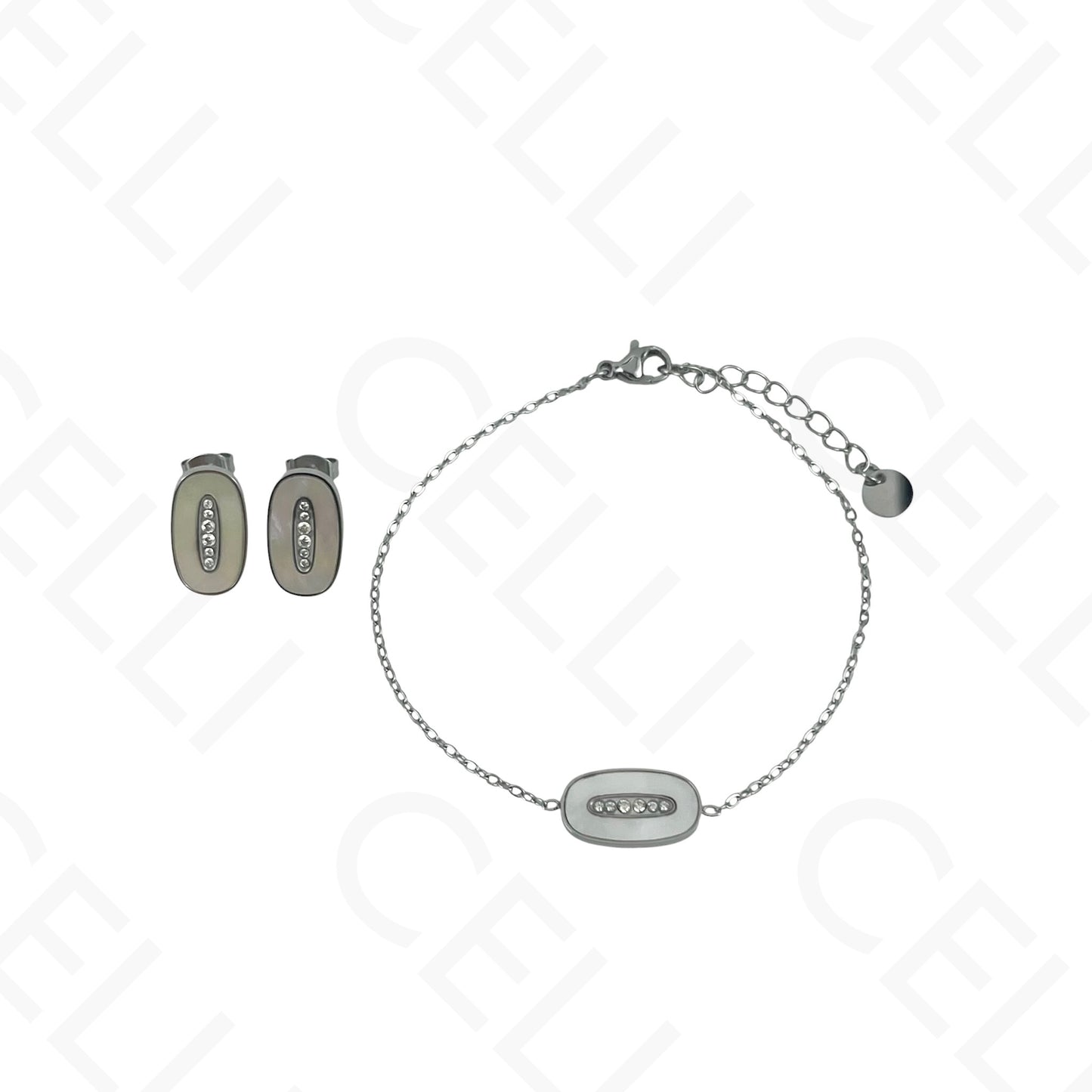 Steel Necklace/Earring/Bracelet - oval with mother-of-pearl