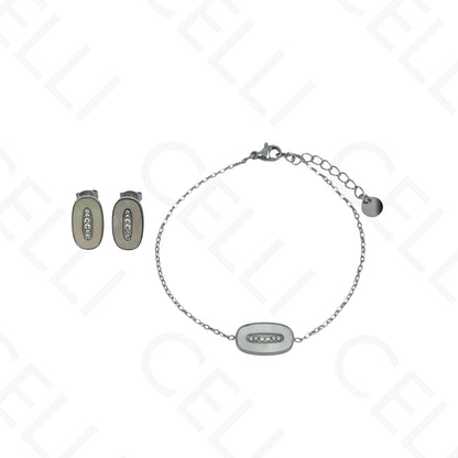 Steel Necklace/Earring/Bracelet - oval with mother-of-pearl