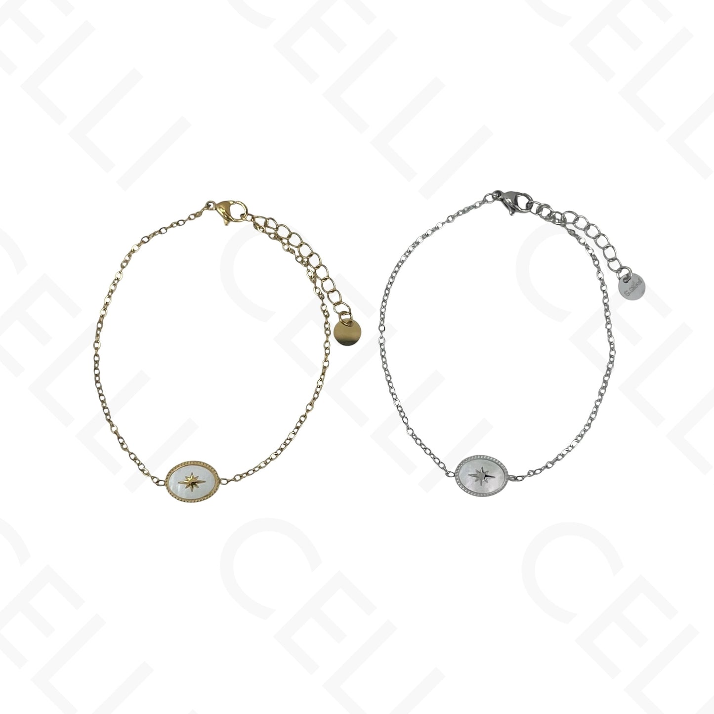 Steel Necklace/Earrings/Bracelet - Oval with mother-of-pearl