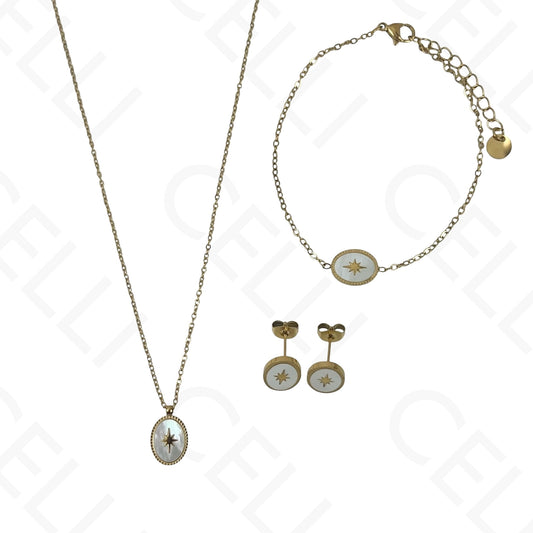 Colar/Brinco/Pulseira de Aço - Oval com madrepérola