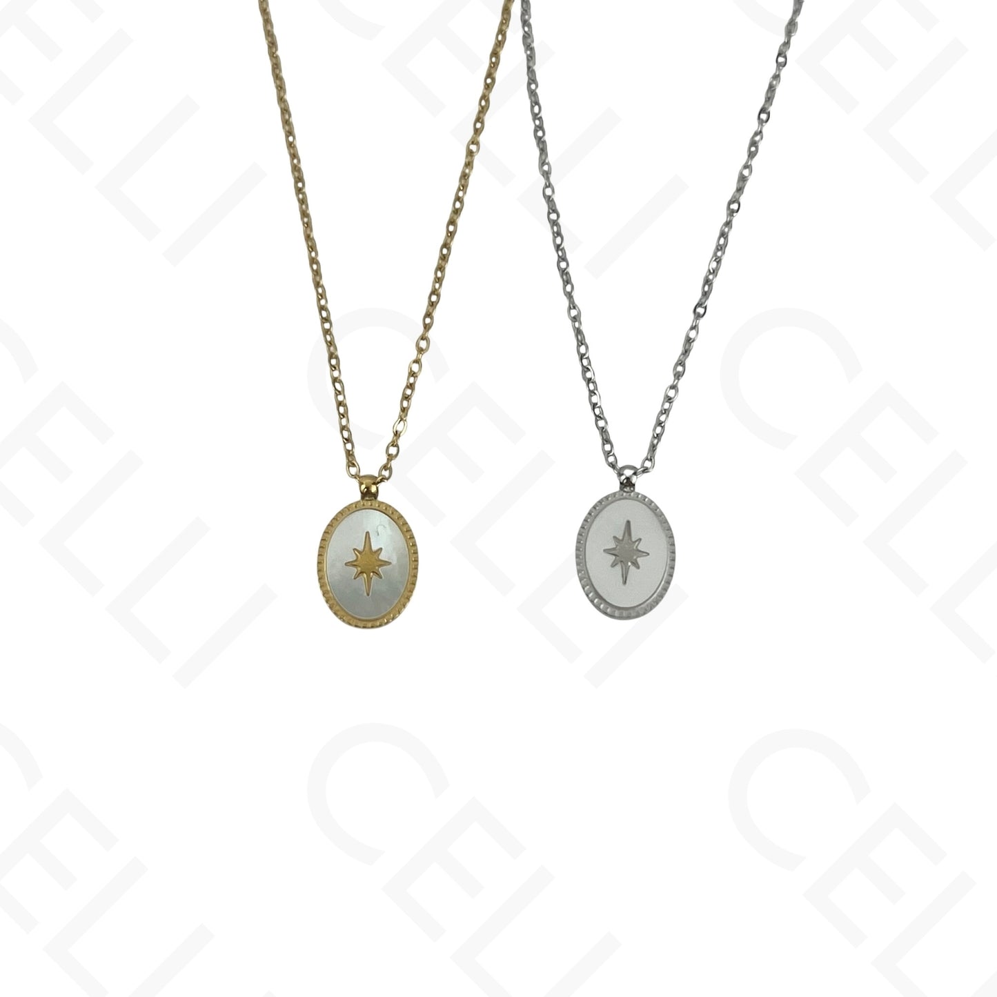 Steel Necklace/Earrings/Bracelet - Oval with mother-of-pearl
