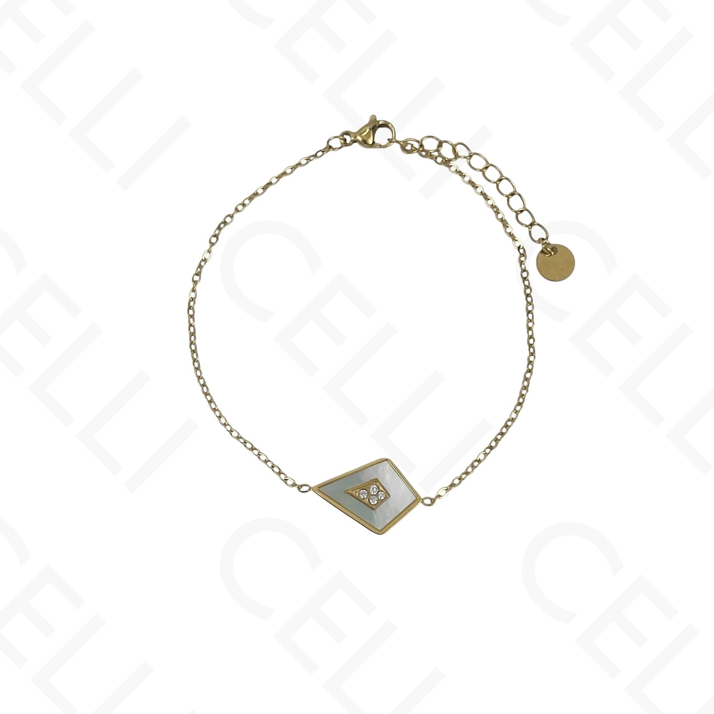 Collar/pendientes/pulsera de acero con forma de cometa y nácar.