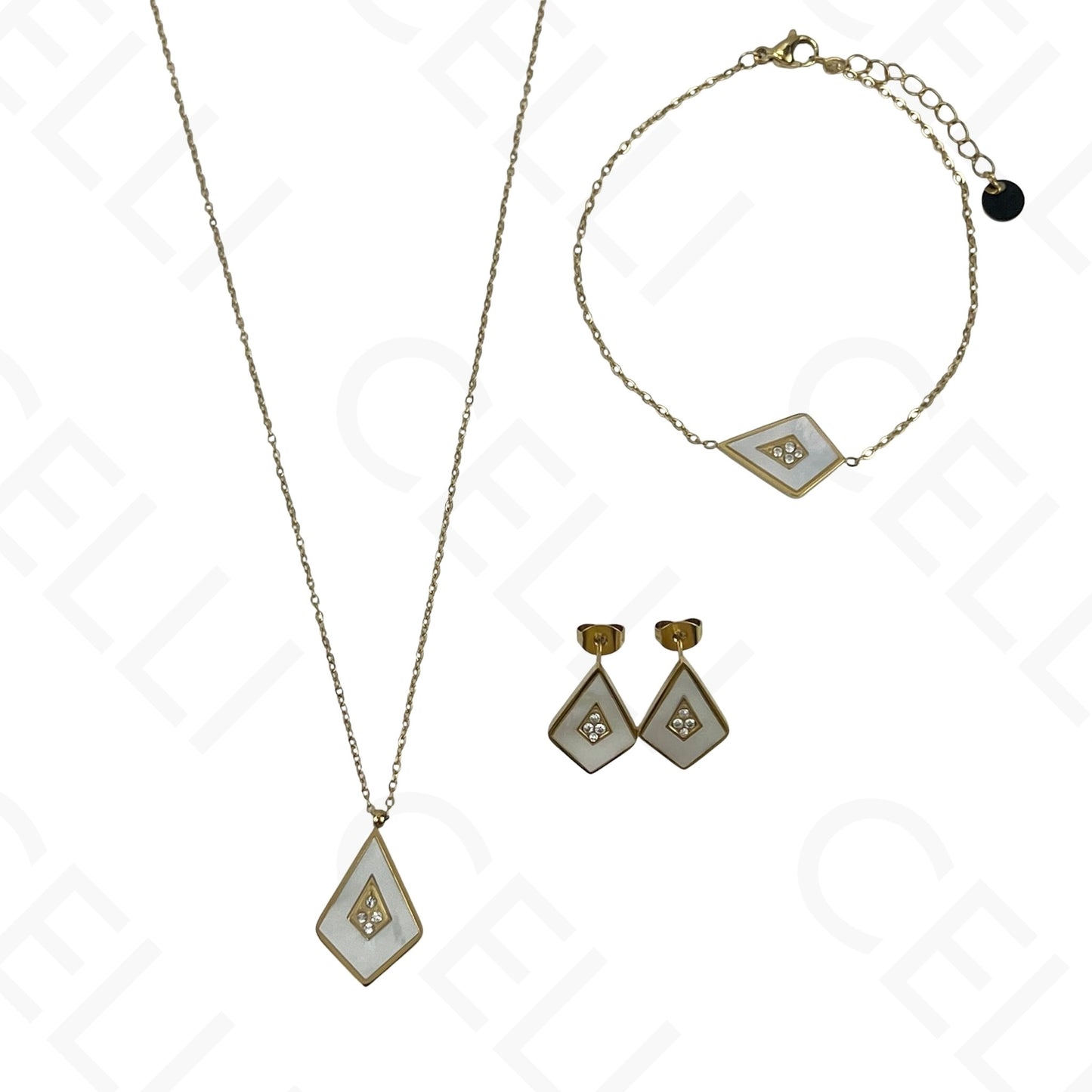 Collar/pendientes/pulsera de acero con forma de cometa y nácar.