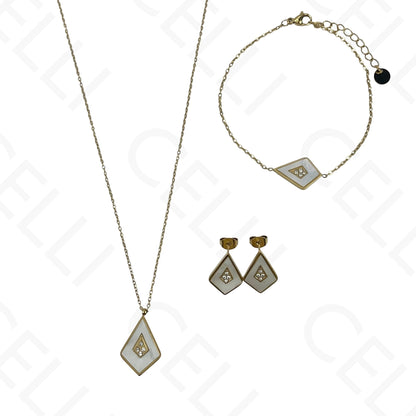 Collar/pendientes/pulsera de acero con forma de cometa y nácar.