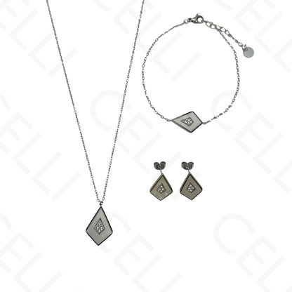 Collar/pendientes/pulsera de acero con forma de cometa y nácar.