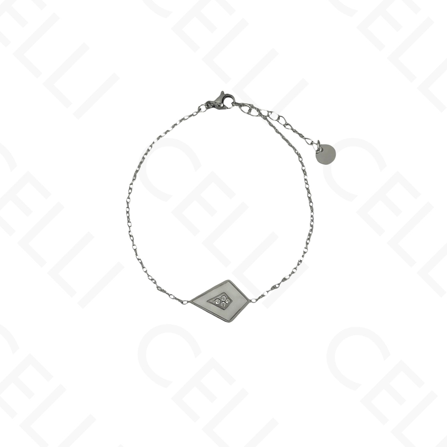 Collar/pendientes/pulsera de acero con forma de cometa y nácar.