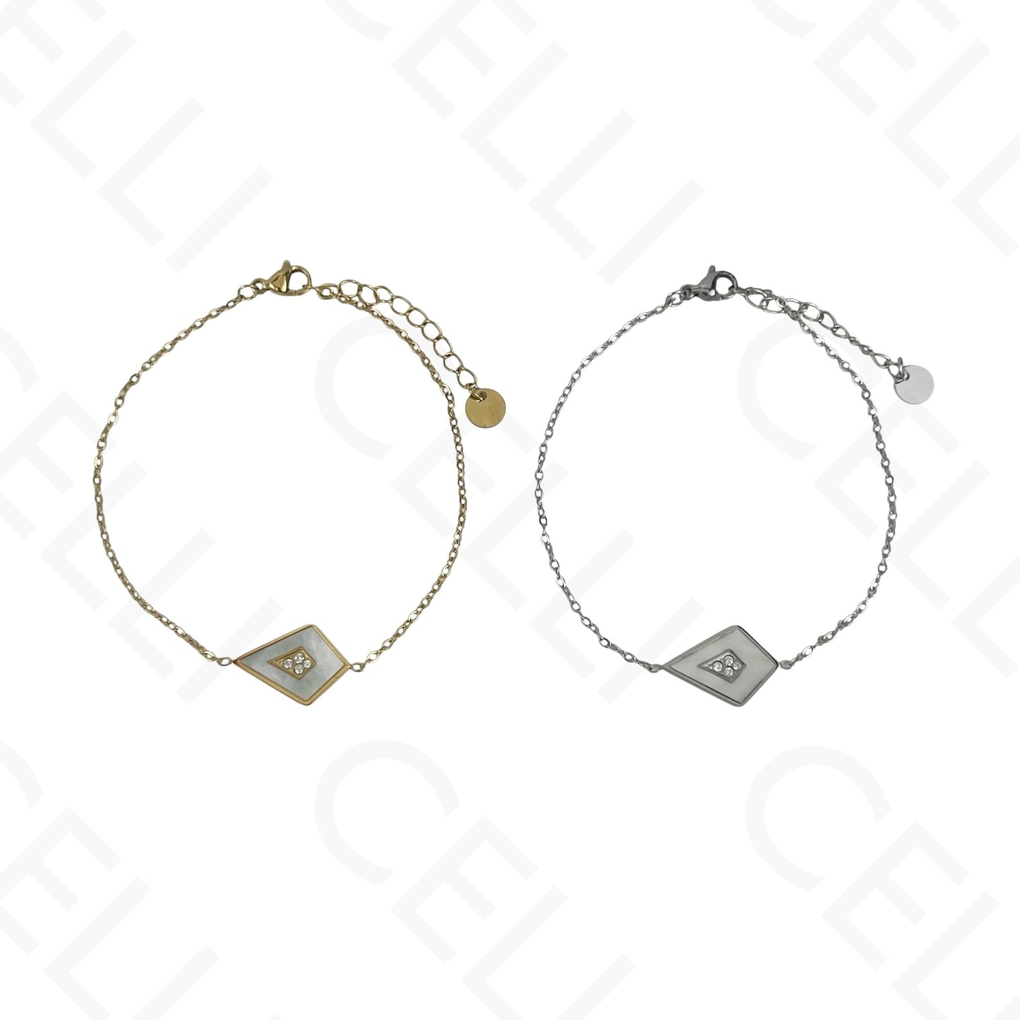 Collar/pendientes/pulsera de acero con forma de cometa y nácar.