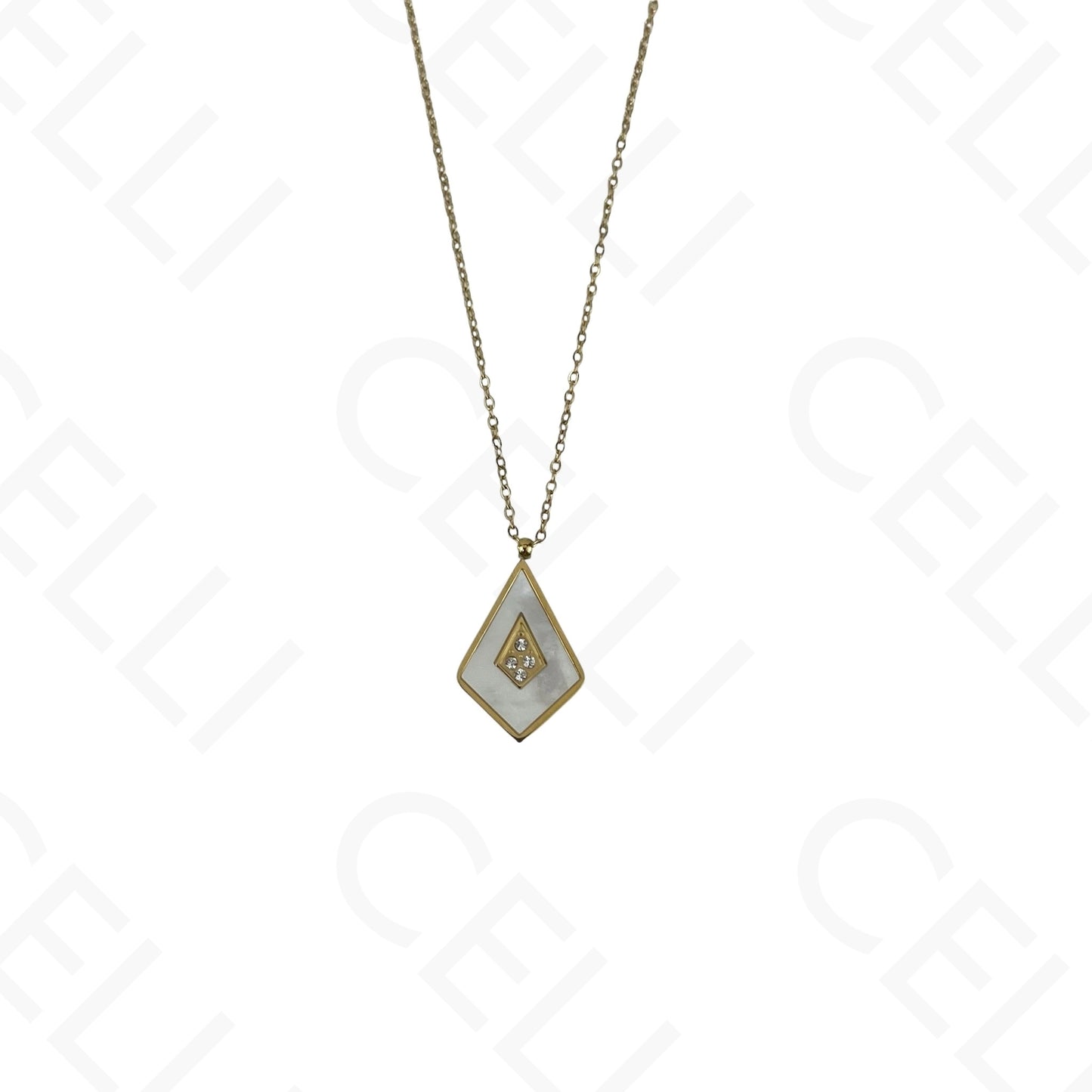 Collar/pendientes/pulsera de acero con forma de cometa y nácar.