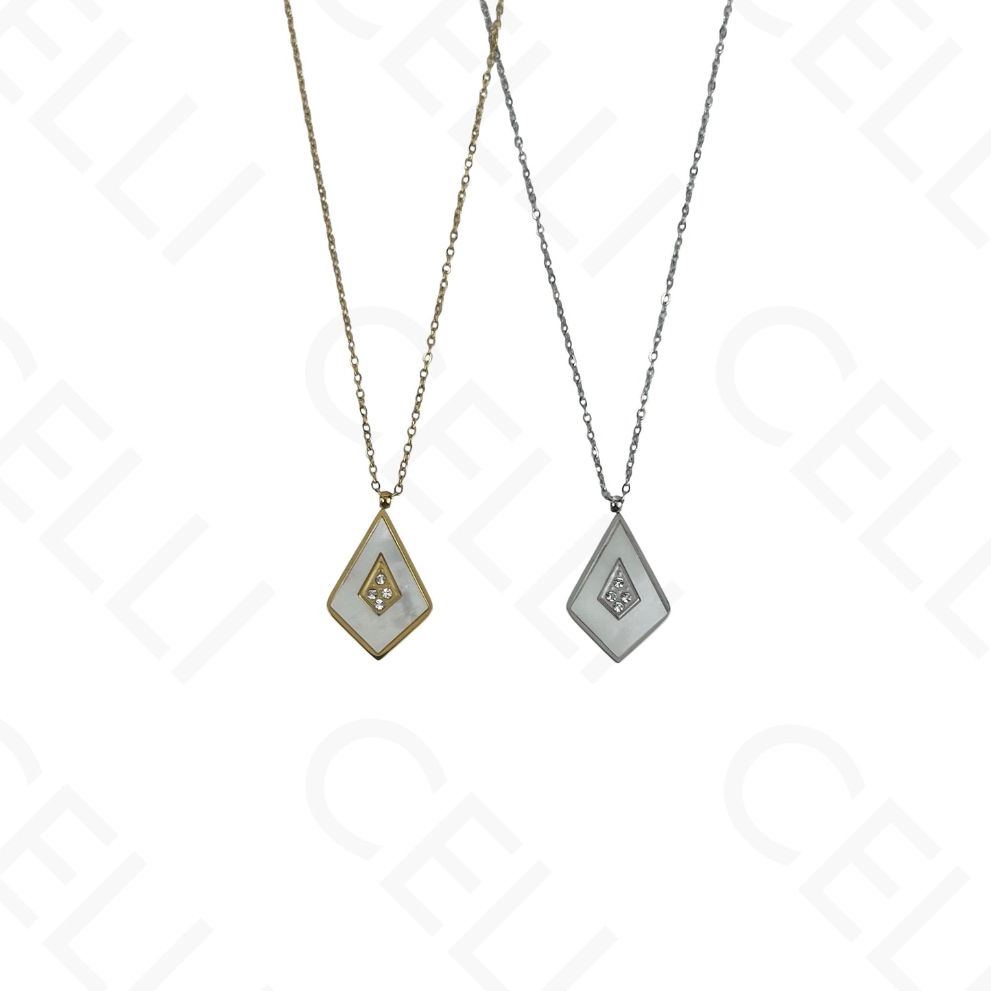 Collar/pendientes/pulsera de acero con forma de cometa y nácar.