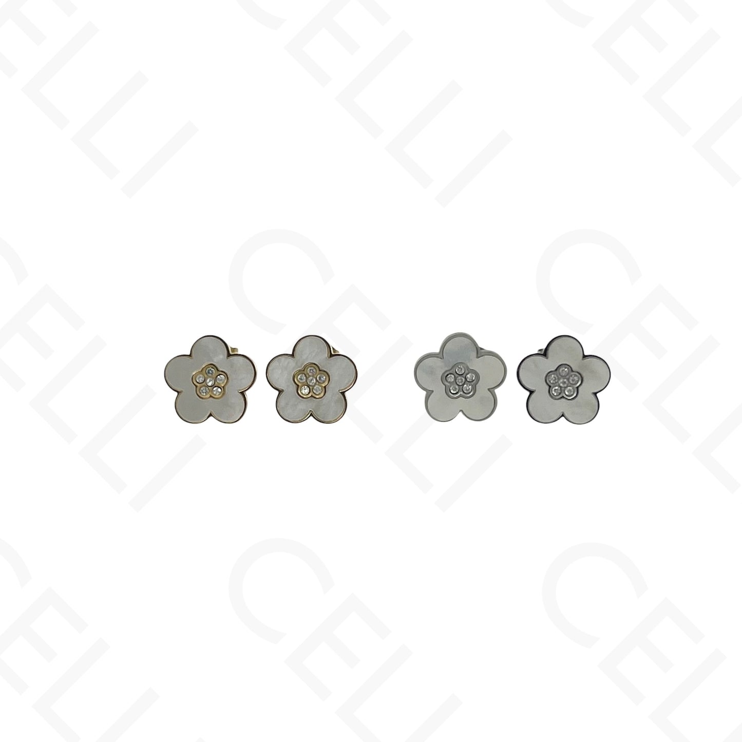 Colar/Brinco/Pulseira de Aço - Flor com madrepérola