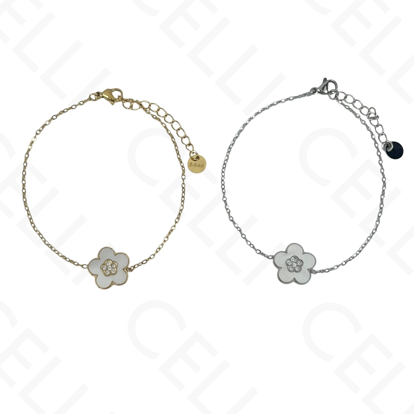 Colar/Brinco/Pulseira de Aço - Flor com madrepérola