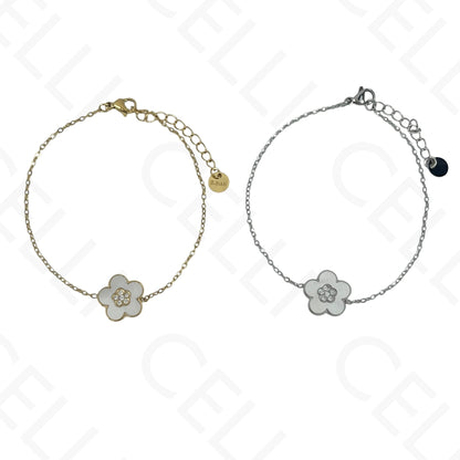 Colar/Brinco/Pulseira de Aço - Flor com madrepérola
