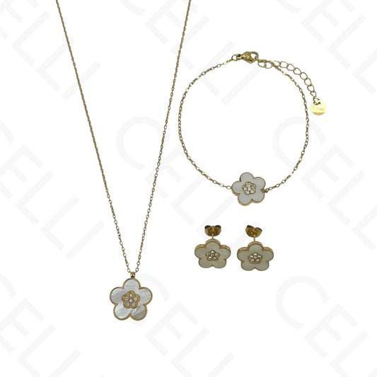 Colar/Brinco/Pulseira de Aço - Flor com madrepérola