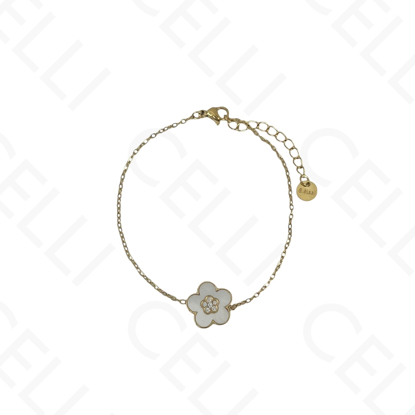 Colar/Brinco/Pulseira de Aço - Flor com madrepérola