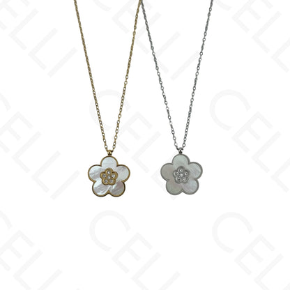 Colar/Brinco/Pulseira de Aço - Flor com madrepérola