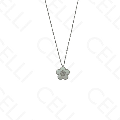 Colar/Brinco/Pulseira de Aço - Flor com madrepérola