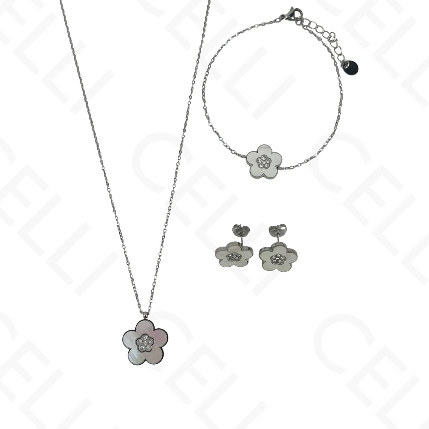Colar/Brinco/Pulseira de Aço - Flor com madrepérola