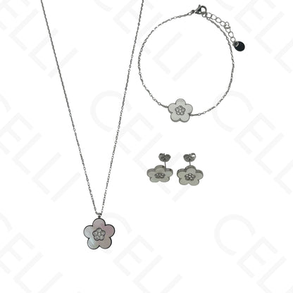 Colar/Brinco/Pulseira de Aço - Flor com madrepérola
