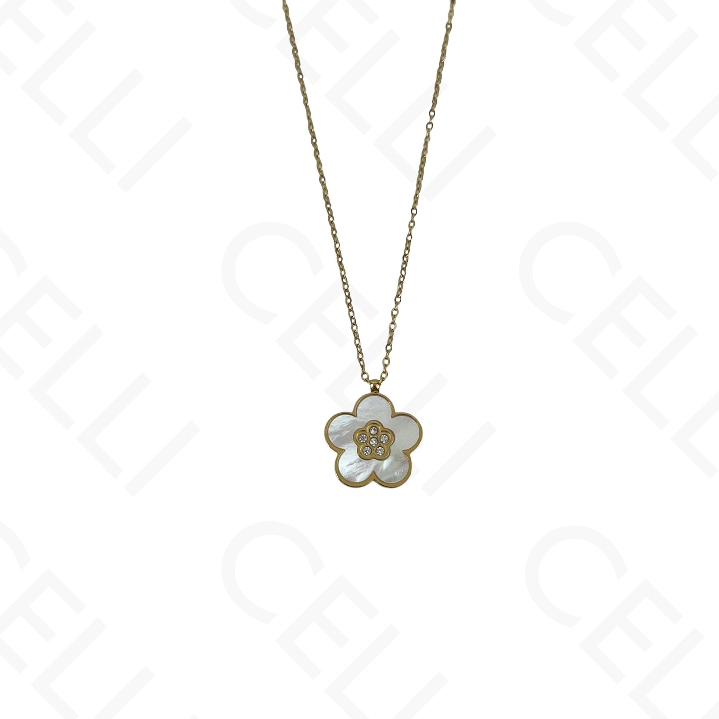Colar/Brinco/Pulseira de Aço - Flor com madrepérola