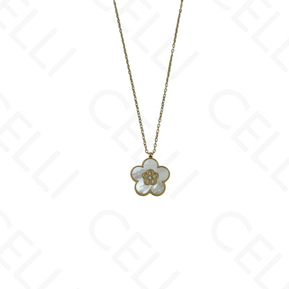 Colar/Brinco/Pulseira de Aço - Flor com madrepérola