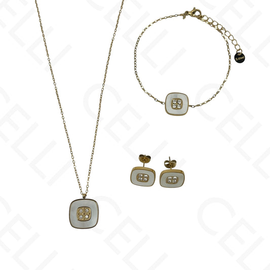 Colar/Brinco/Pulseira de Aço - Quadrado com madrepérola