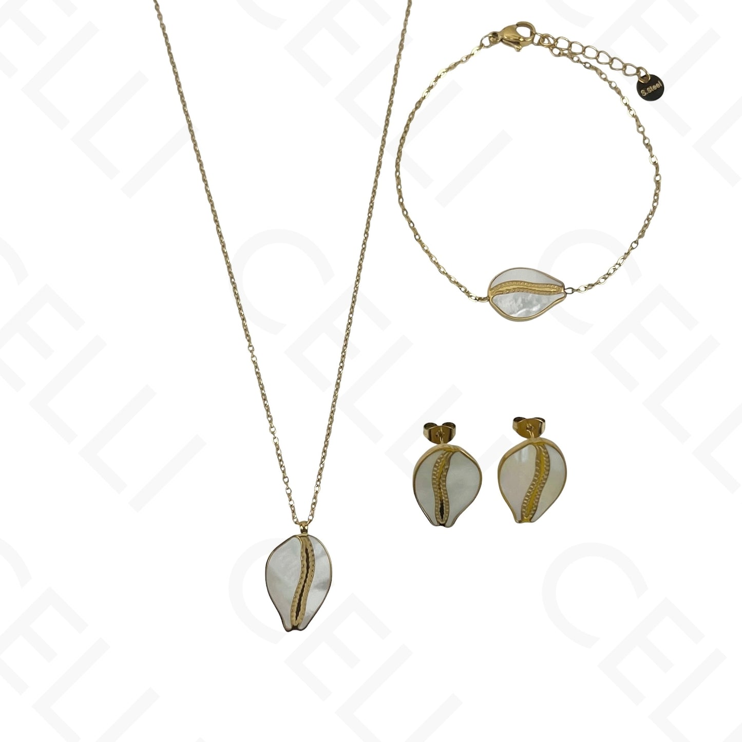 Collar/Pendientes/Pulsera de acero - Concha de cauri con nácar